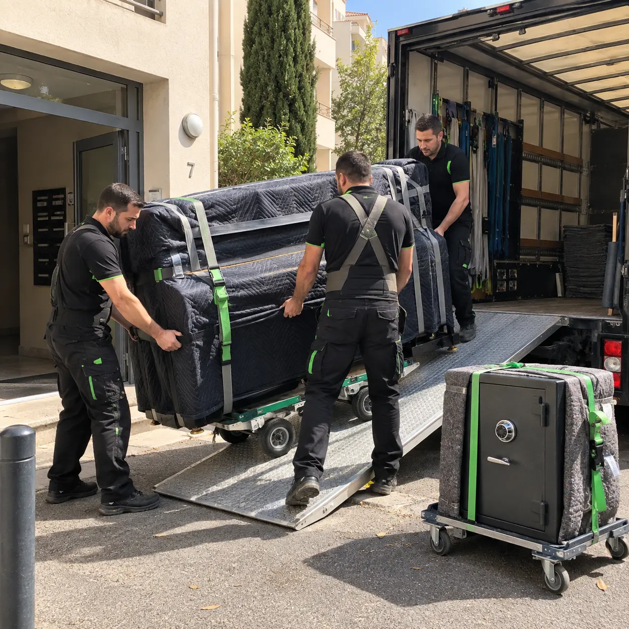 Transport professionnel d’un piano et d’un coffre-fort